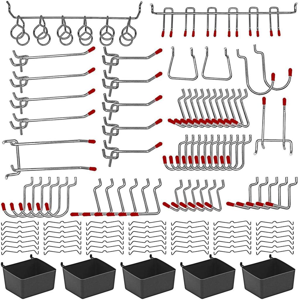 Multifunktionales 114-teiliges robustes Metall-Lochplattenhaken-Sortiment mit Aufbewahrungsboxen Zubehör für die Organisation zu Hause und in der Garage