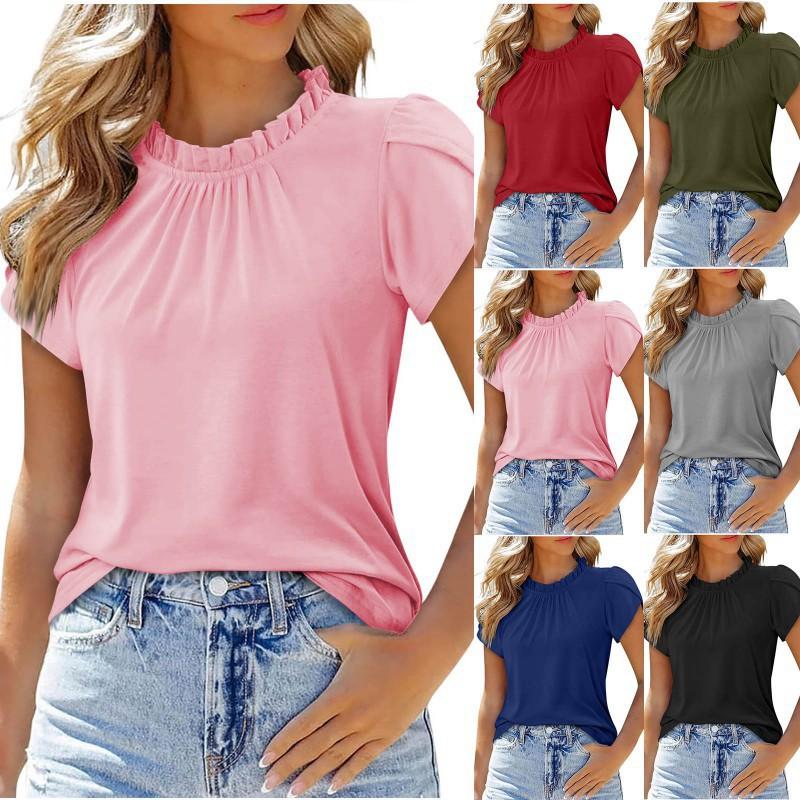 2026 Women's Solid Color Button Round Neck Short-Sleeve Pleated Top