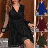 Women Spring Fall Dress Deep V Neck Long Mesh Sleeve Shiny Sequin Lantern Sleeve Double-layered Tight Waist Prom Cocktail Party Mini Dress