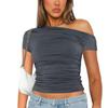 Hoge Elasticiteit Stof Effen Kleur Schuin Schouder Korte Mouw Krimp Plissé Buik Ontblotende Top Dames Casual Tops