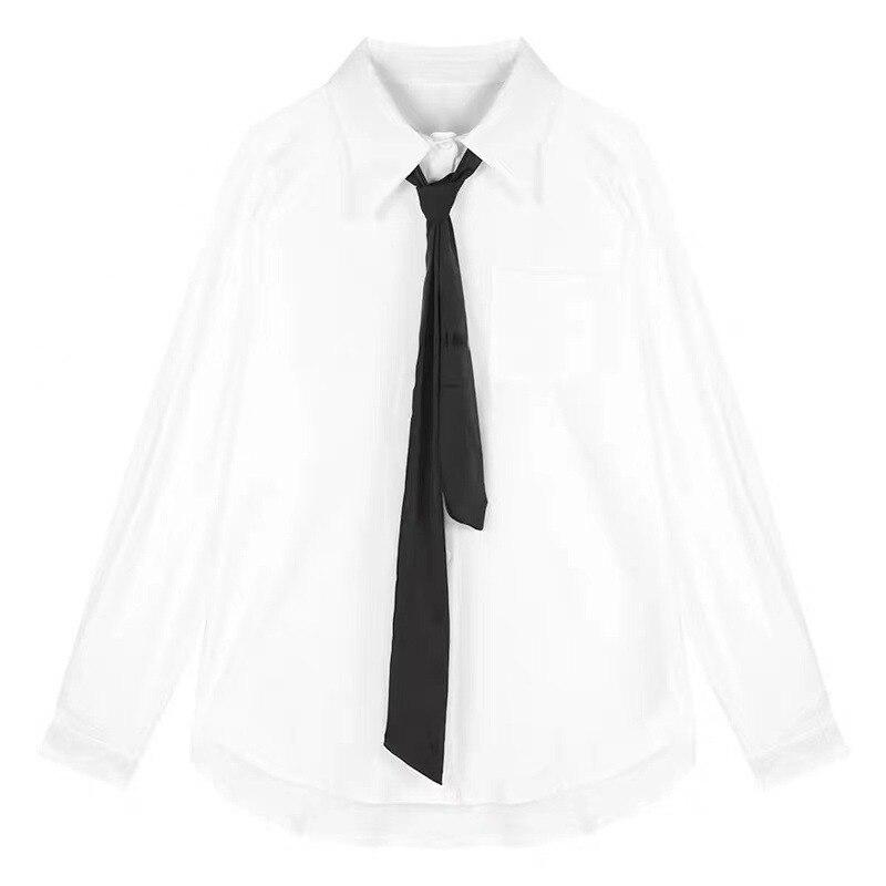 Spring And Autumn Korean White Shirt Women Long Sleeve Casual Loose Blouse Office Lady Elegant Button Up Blouses With Tie 29286