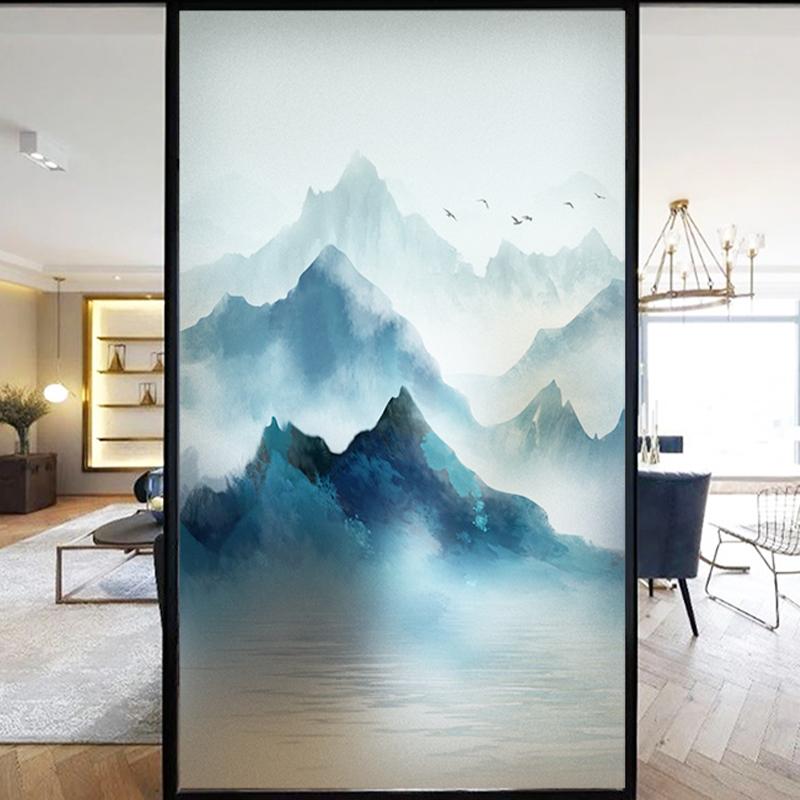 Chinese Ink Painting Privacy Glass Film Classical Style Landscape Pattern Window Films Static Cling Stained Window Stickers