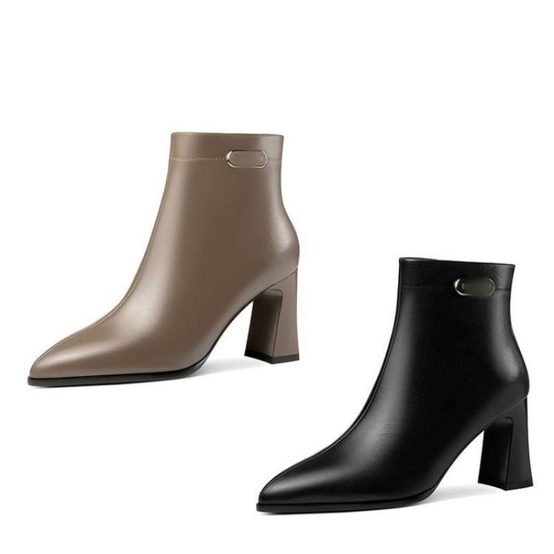 Zachte leren schoenen, enkellaarsjes met hoge hakken, nieuwe modieuze en veelzijdige dames enkellaarsjes met puntige neus en fleece