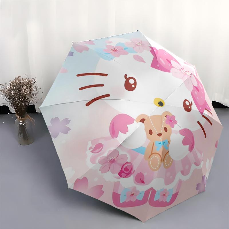 1pc Sanrio Hello Kitty & Flowers Pattern Automatic Umbrella is Fashionable and Good-Looking, a Portable 3-Fold Umbrella, Suitable for Travel and Daily