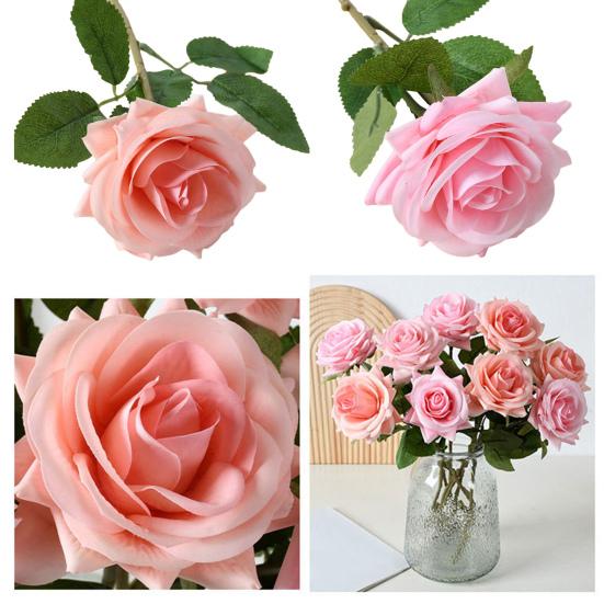 Artificial Rose with Green Leaves Realistic Fake Flower Stem Home Office Wedding Party Indoor Outdoor Faux Bloom Table Centerpiece Decoration