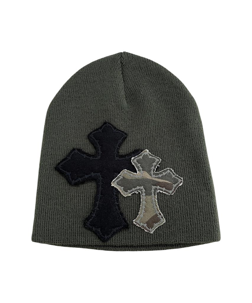 SK8ER ROCK Dubbel Kruis Patchwork Muts ((Donker kaki))