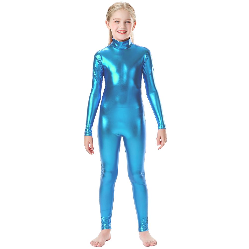 Dívčí lesklý kovový kostým s dlouhým rukávem a zipem na zádech, jednodílný kostým s motivem krku, dětský kostým, Wetlook