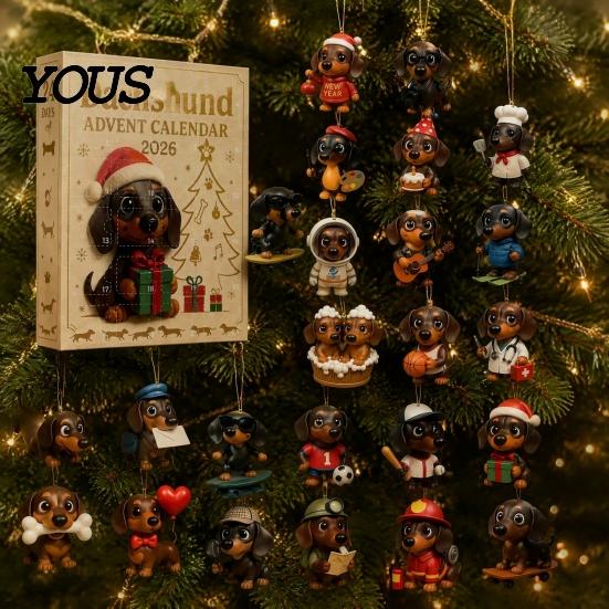 Acryl-Hängedekorationen 2026 Dackel Adventskalender mit 24 einzigartigen 2D-Ornamenten, festliche dekorative Schreibtischornamente Countdown-Box für Weihnachten