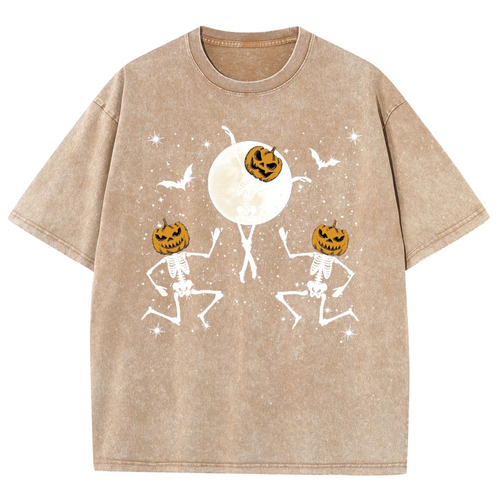 Halloween Pumpkin Skull Print Women's Wash T-Shirt Oversized Couple Short Sleeve Funny Design Top