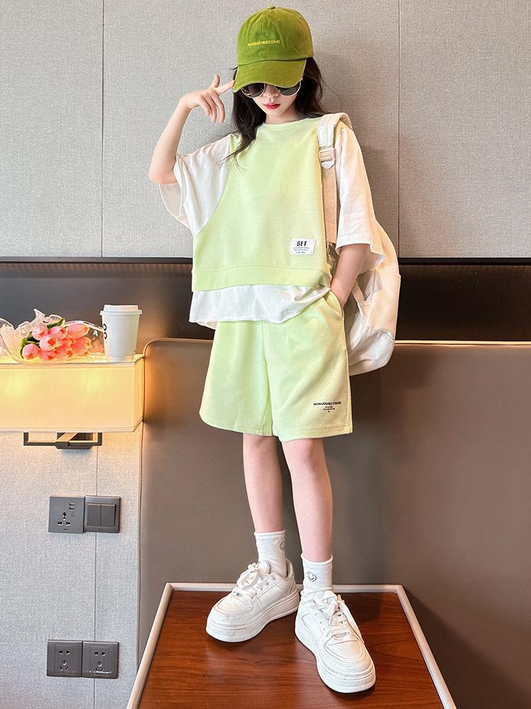 Korean Style Girls' Short Sleeve Top & Shorts Set, Summer 2025