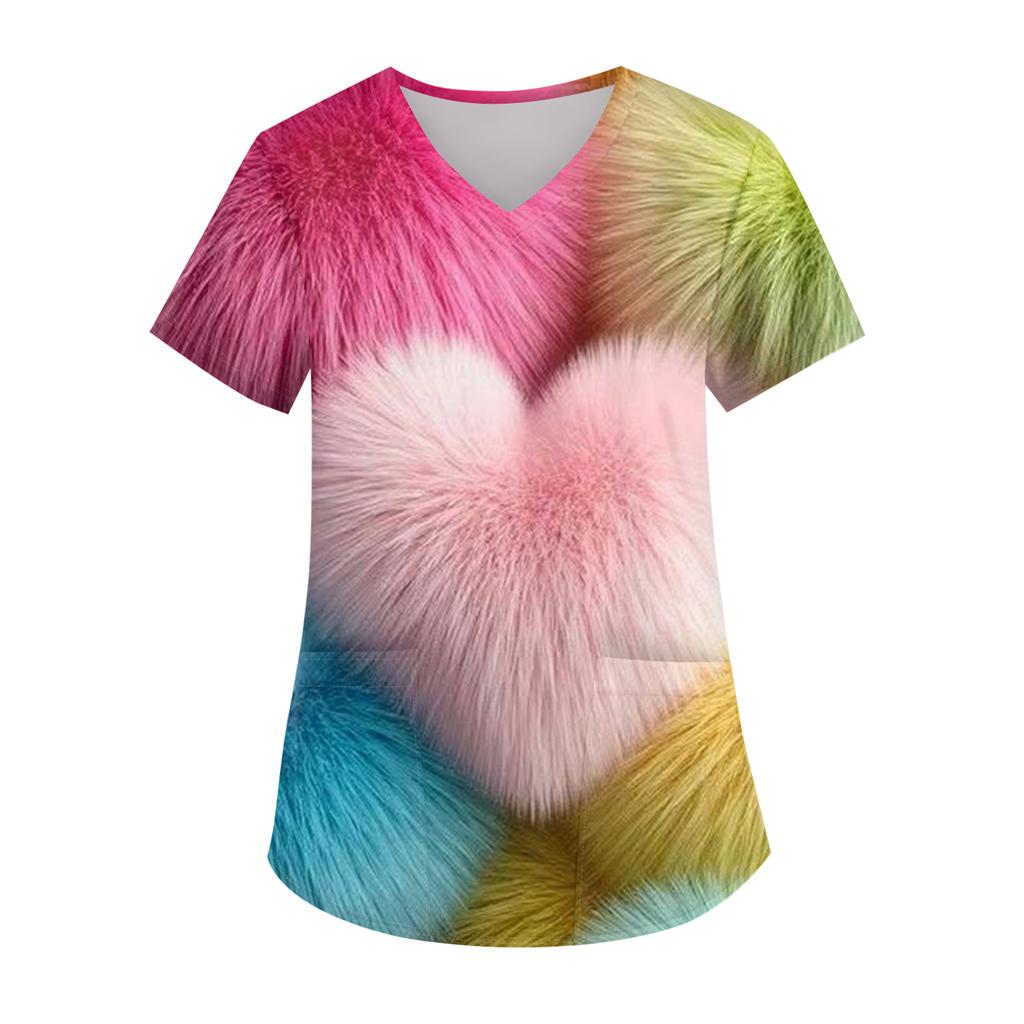 Ladies' Valentine's Day Printed Fashionable V-neck Pocket Short Sleeved  Uniform And Caregiver Top