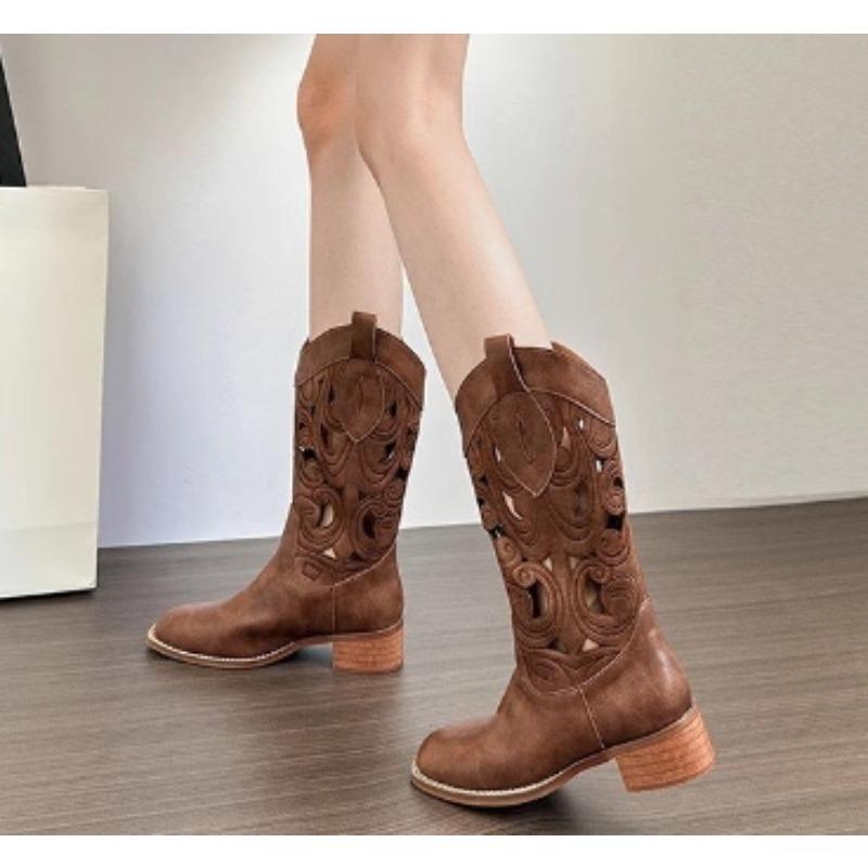 Neue hohle bestickte Vintage Westernstiefel Damen Herbst Klobige Absätze Kniehoch Cowboystiefel Frau Leder Ritterstiefel
