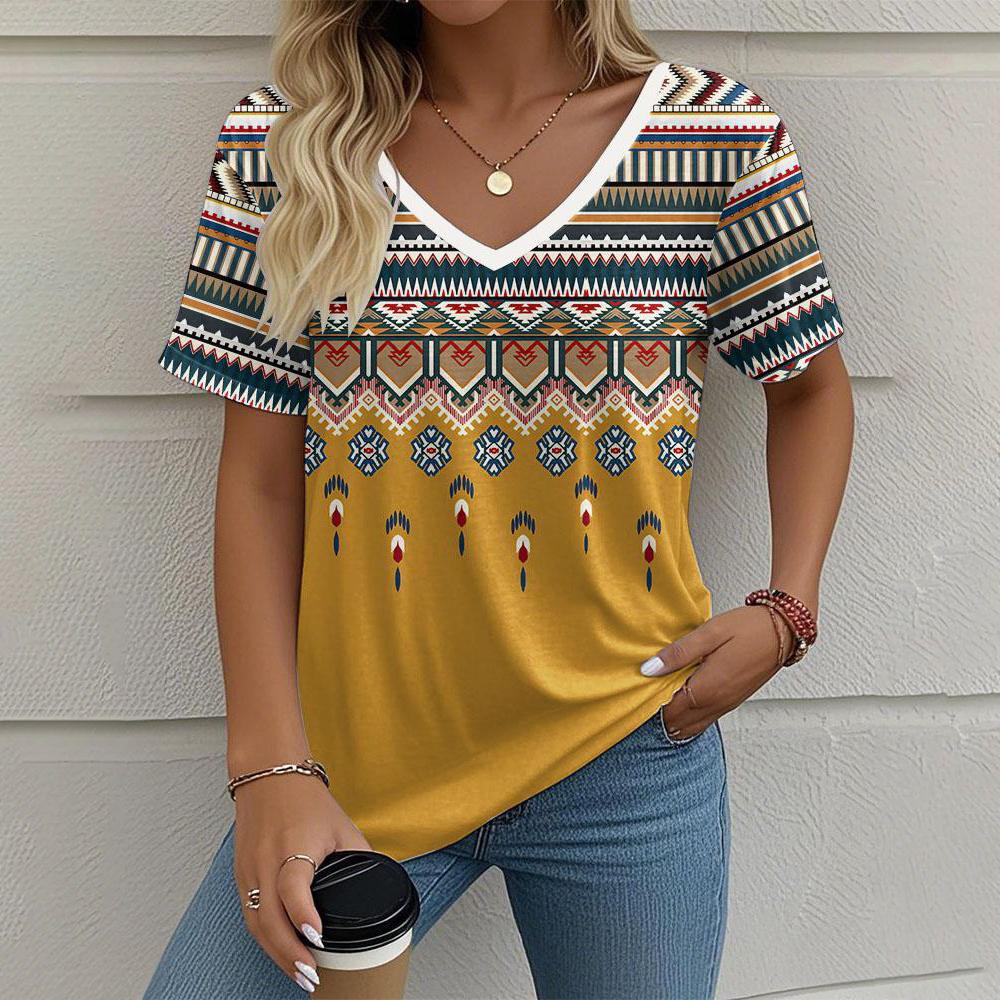 Ethnic T-Shirts Geometric 3D Print Women's Casual V-Neck Short Sleeve T Shirt Y2K Tees Oversized Harajuku Tops Female Clothing