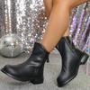 Fashion Classic Pu Solid Black Rear Zipper Riding Boots Women 2025 Winter Round Toe Medium Heel Ankle Boots Winter Warm Non Slip Shoes