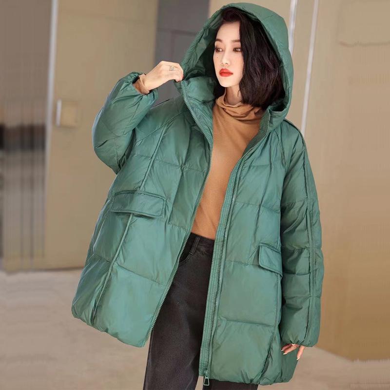 Women White Duck Down Jacket Casual Loose Over Size Warm Parka Female Drawstring Hooded Puffer Coat