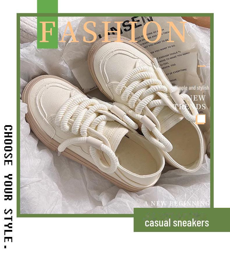 Weiße Canvas-Sneaker für Damen mit dicker Sohle, koreanischer Frühlingsstil 2024, körperbetonendes, vielseitiges Design für den Freizeitsport.