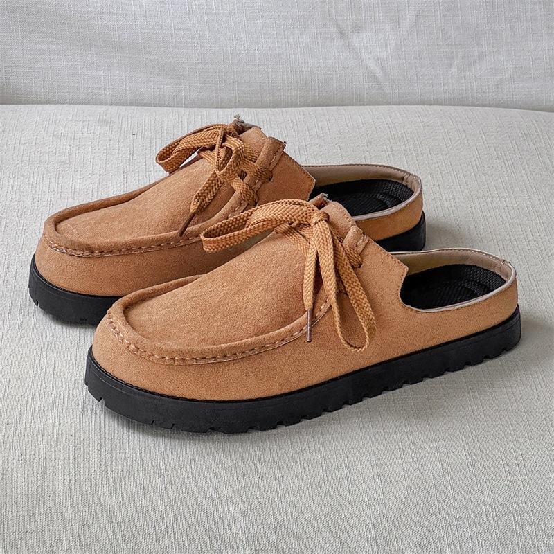 Men's Loafers Summer Comfortable Suede Casual Shoes Retro Platform Lace-up Flat Half Slippers Mules Zapatos Para Hombre