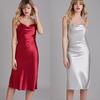 Women's Summer Cami Sleepwear Comfortable Faux Silk Homewear Elegant Slip Dress Draped Neck Nightdress Solid Long Loungewear