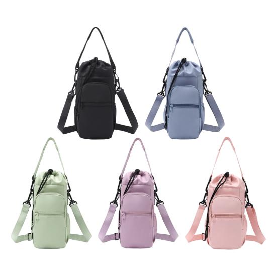 Insulated Water Bottle Sling Bag Adjustable Strap Drawstring Bottle Bag for Hiking Gym Travel Multiple Pockets Bottle Pouch for Phone Keys