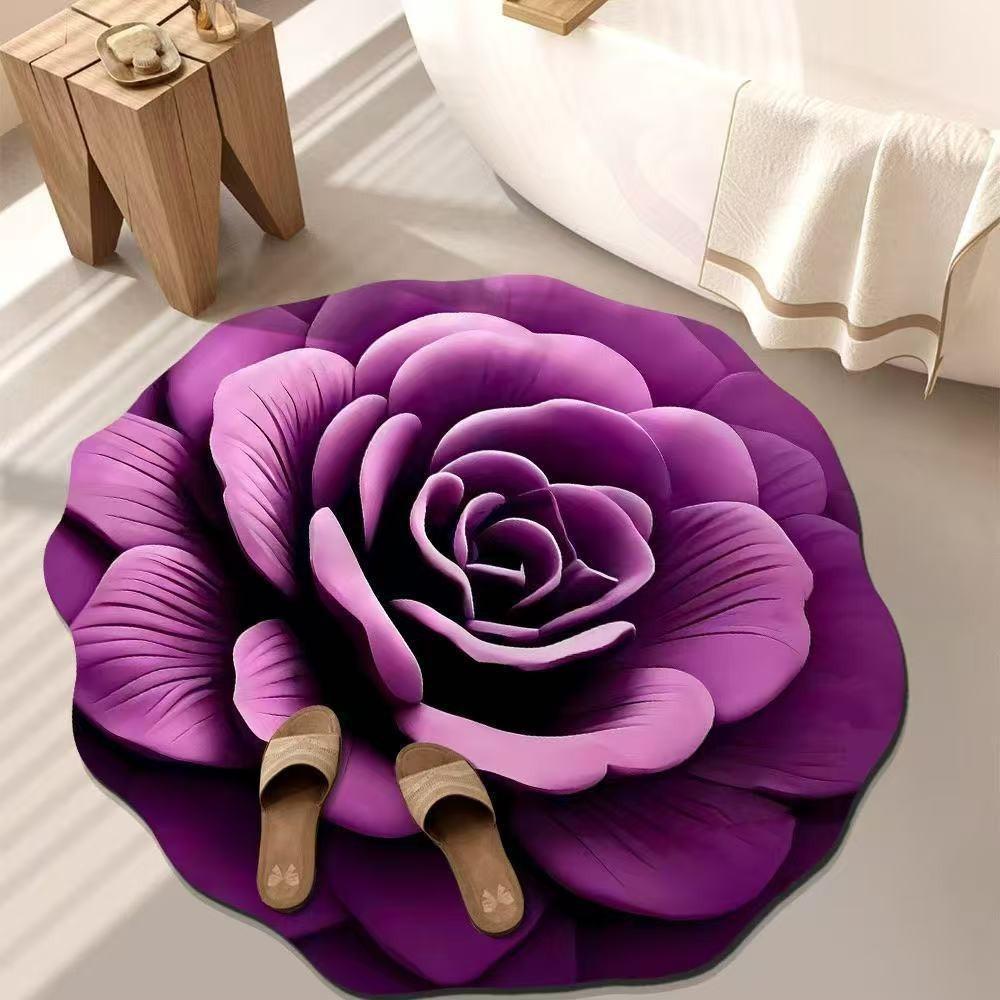 Purple Peony Velvet Pattern Round Area Rug Indoor Non-Slip Washable Fiber Carpet Soft Comfortable Mat For Bedroom Living Room