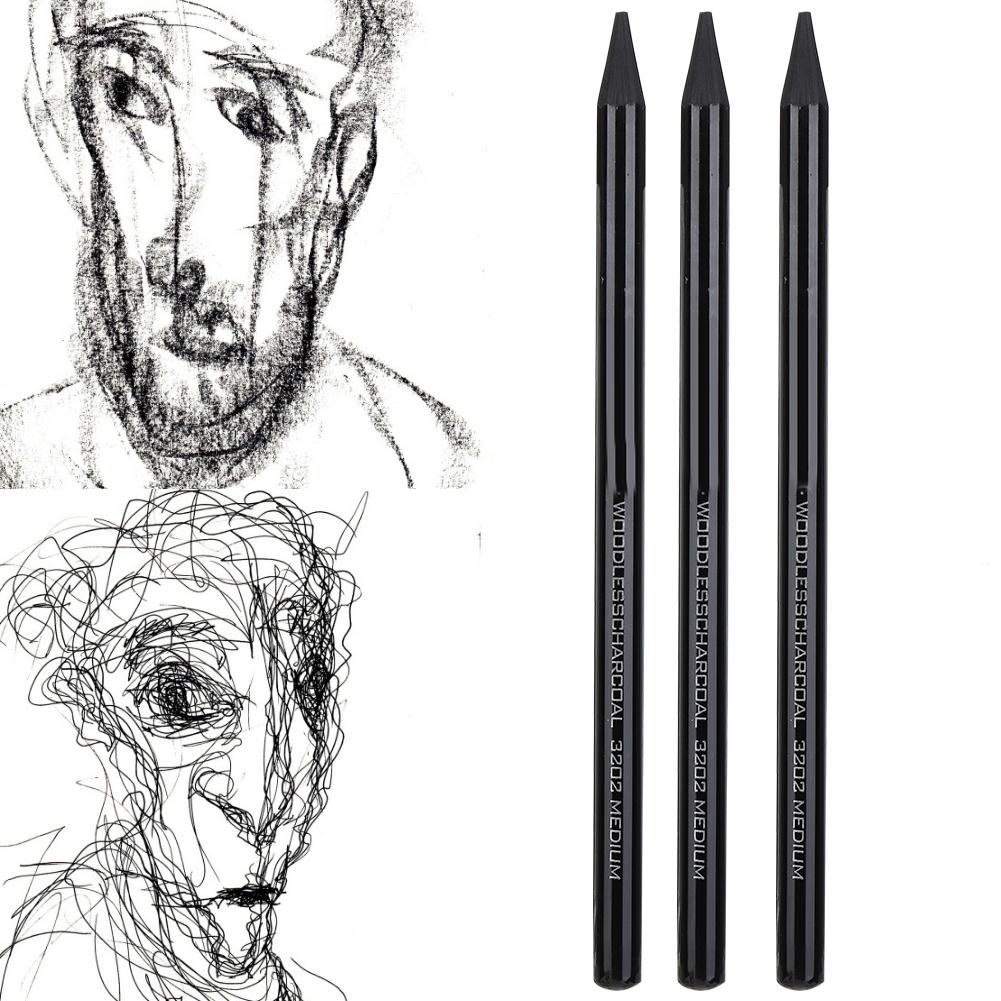 3pcs Pure Carbon Sketch Pencil Professional HardMediumSoft Woodless Charcoal Pen Drawing Set