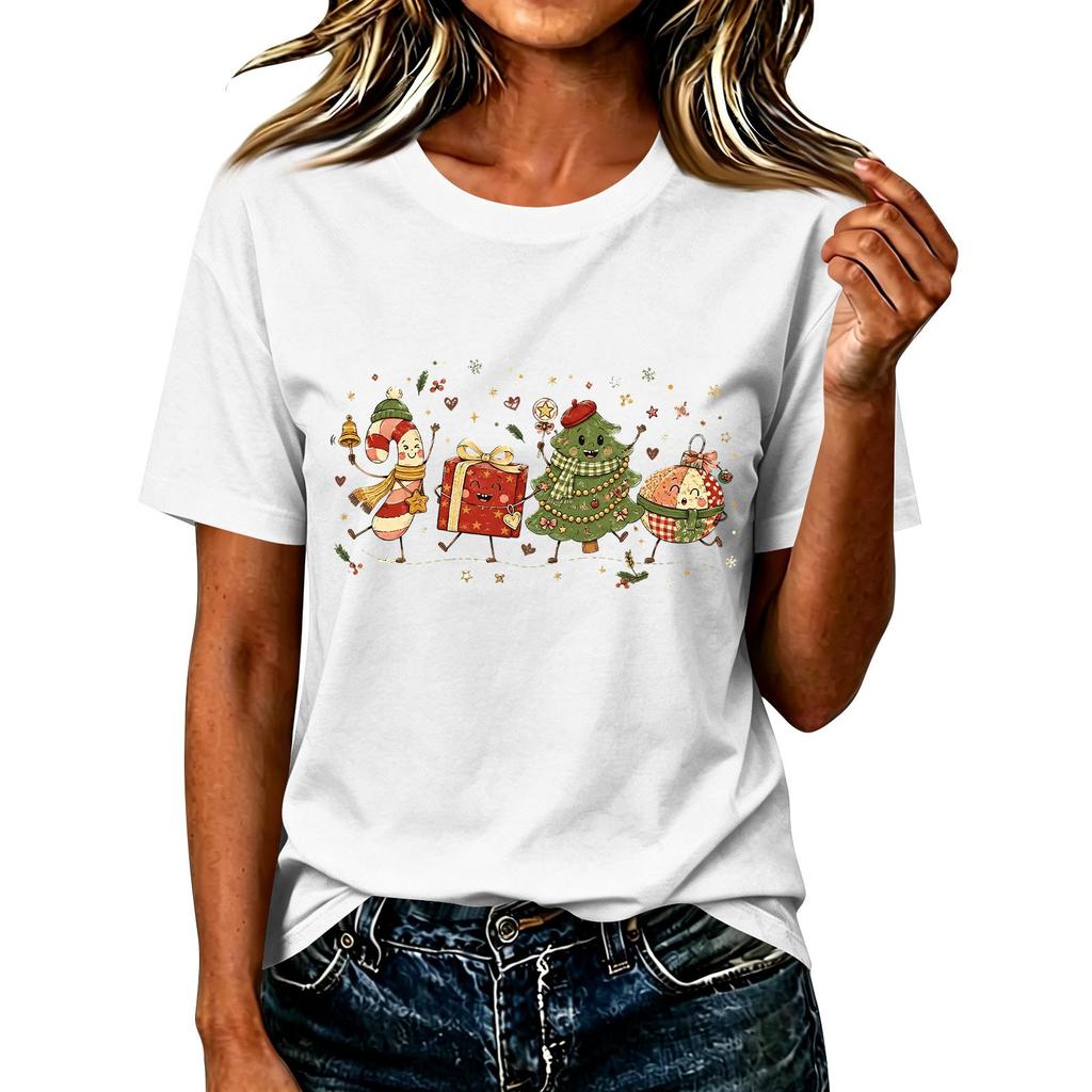 Women's Casual Christmas Printed Short Sleeve T-Shirt with Festive Holiday Design