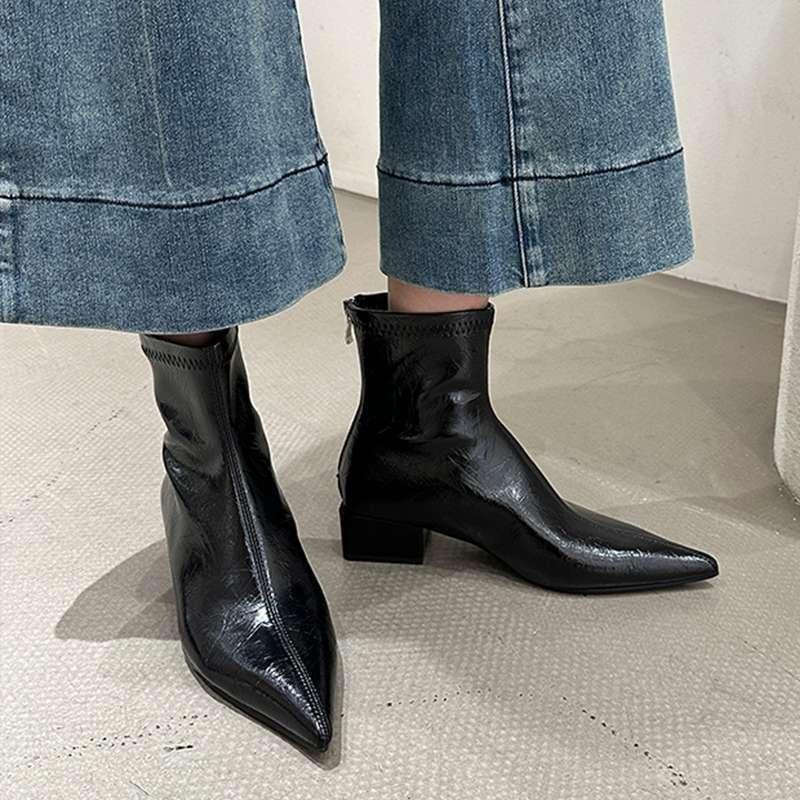Fashion Short Boots for Women Thick Heeled Short Boot Retro Pointe Toe Ankle Boots for Women New Casual Leather Boot Botas Mujer