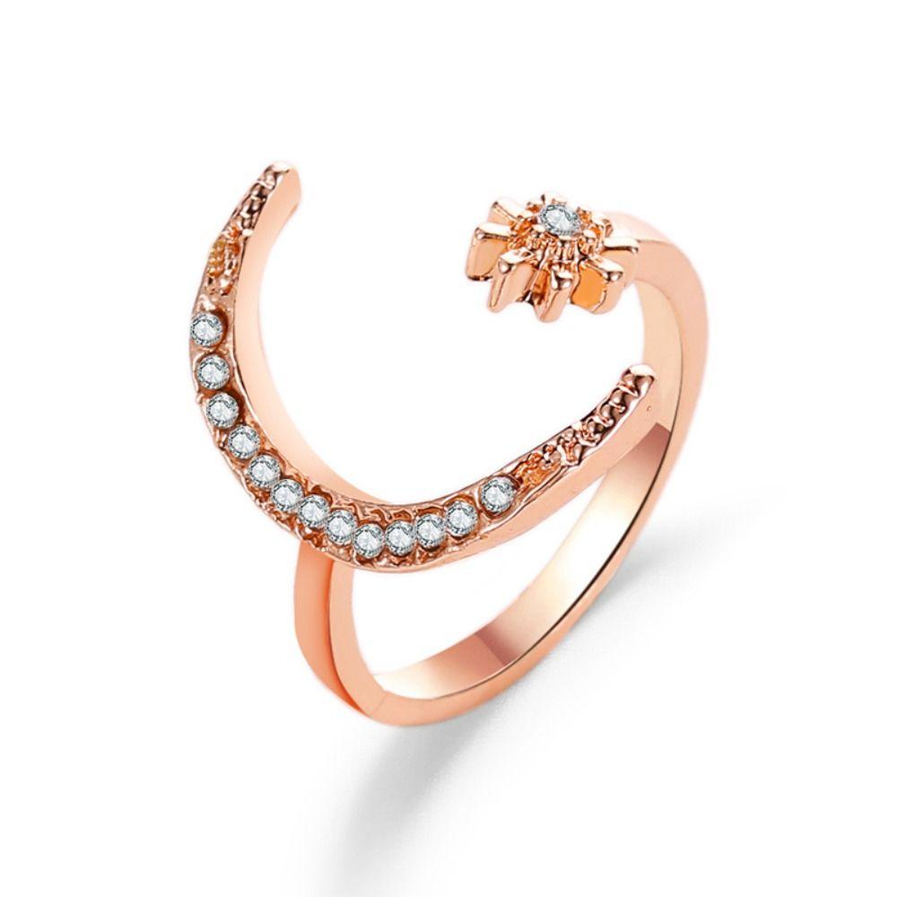 Zinc Zinc Alloy Star Moon Opening Rings Rhinestone Crescent Moon Ring Retro Couple Ring Friend
