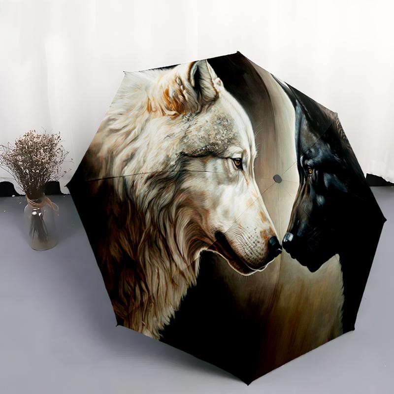 1pc Wolf Theme Pattern Umbrella Portable Folding Umbrella Iron Frame Hole Bone Structure Outdoor Home Umbrella