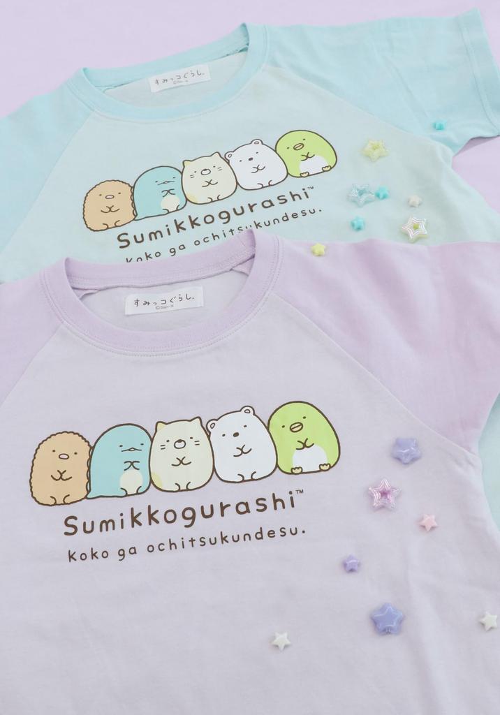 Kaituck Family Sumikkogurashi Kids' Pajamas, Short Sleeves and Shorts, Raglan Sleeves, 100% Cotton Jersey, Summer (130cm, Purple)