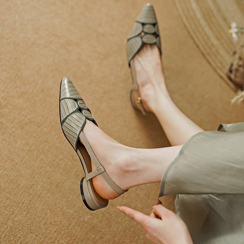 2024 New Sexy Pointed Toe Women Sandals Spring Summer Slingback Pumps Low Heels Genuine Leather Fashion Office Party Shoes Woman