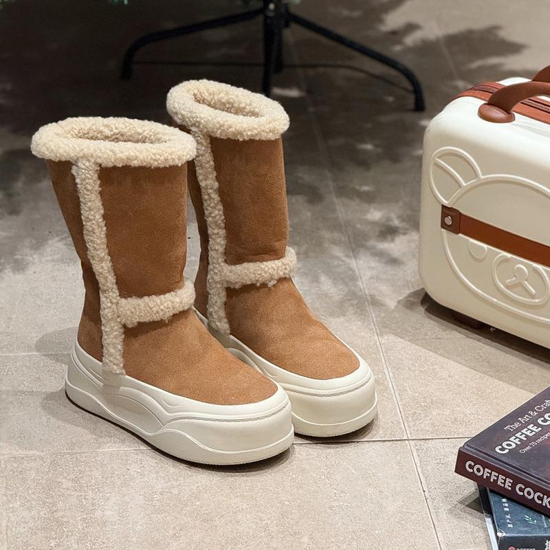 Muffin Thick-soled Two-wearing Snow Boots Women's New Winter Velvet Warm Non-slip Matte Cowhide High Boots