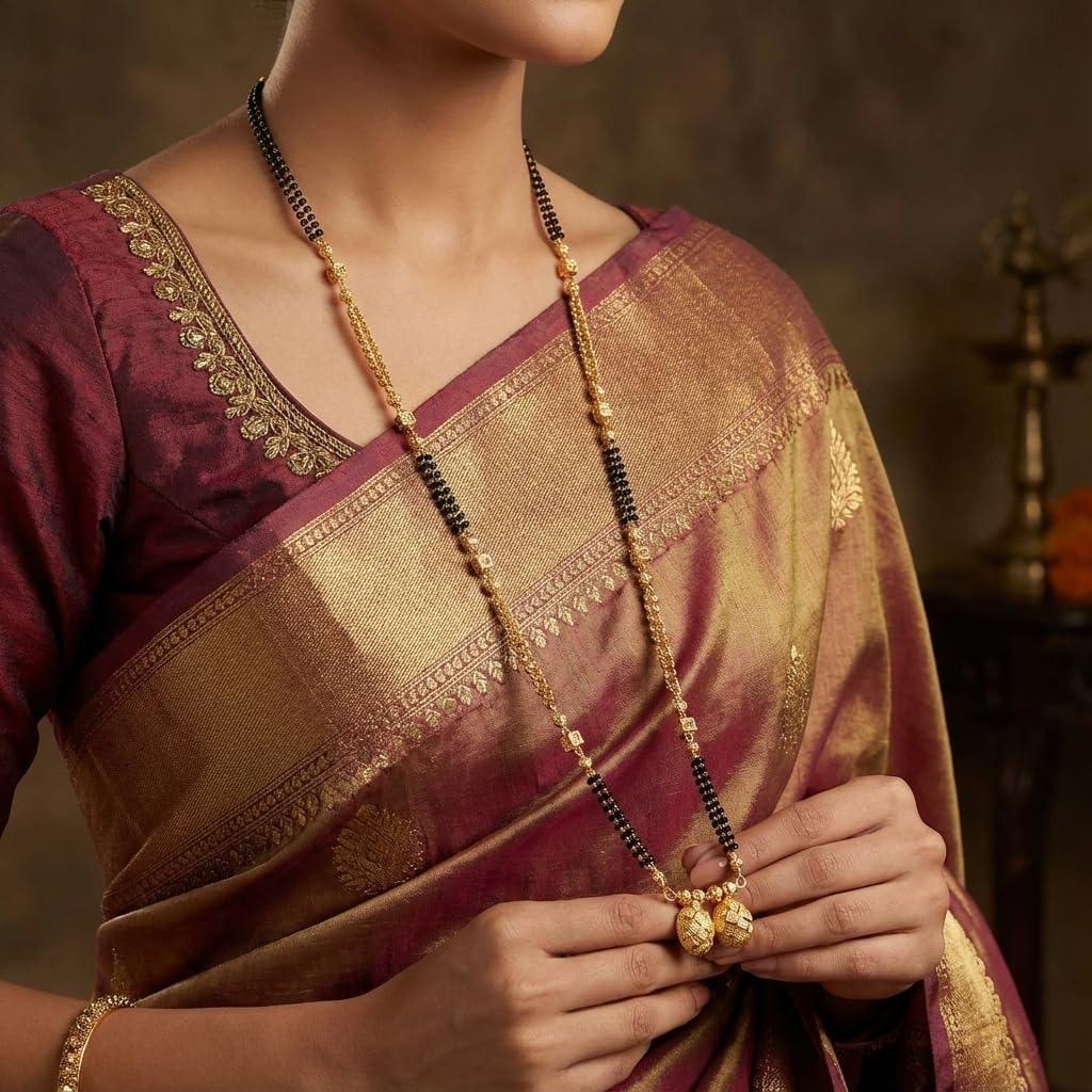 Mangalsutra tradițional Maharashtrian, lung de 36 de inci, cu pandantiv rotund și cercei cu știft floral