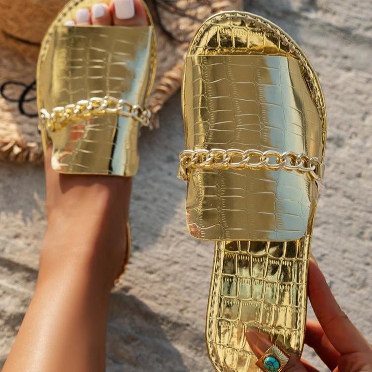 Oversized Flat Slippers with Crocodile Pattern Chain Casual Shoes for Women