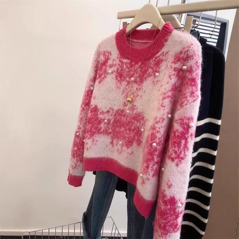 Contrast Color Tie-dye Pink Crew Neck Sweater Women's Early Autumn New High-end Feeling Super Good-looking Nail Beads