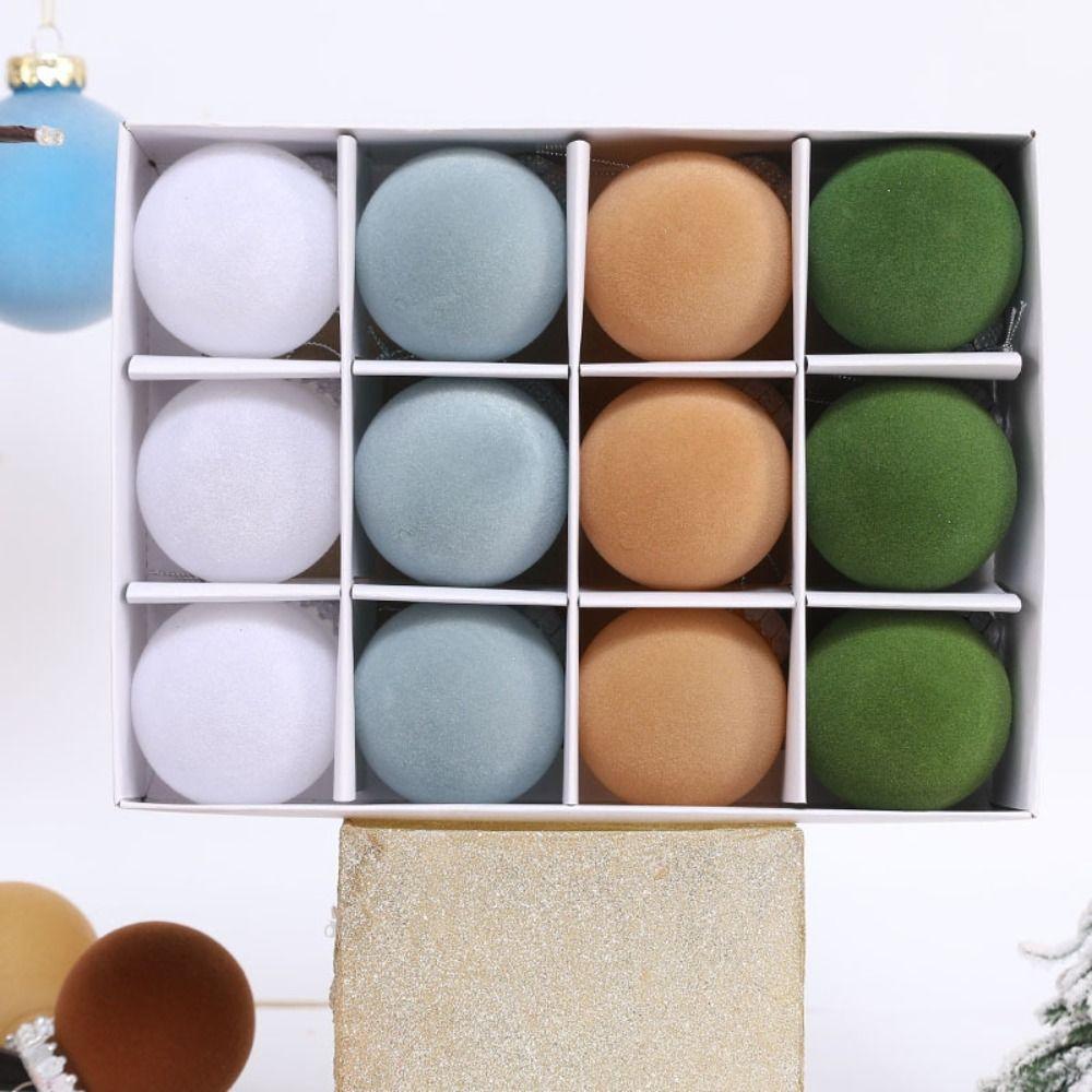 12Pcs Flocked Velvet Christmas Balls Pendant Plastic Christmas Tree Decorations Colorful Family Xmas Hanging Ornaments Holiday