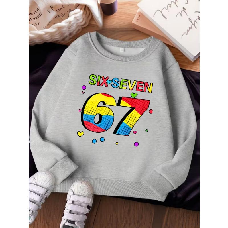 Unisex Kinder Rotes Rundhals-Sweatshirt Für 4-12 Jungen Mädchen Bunt SIX SEVEN Nummer 67 Herz Punkt Muster Weiches Fleece Langarm Pullover