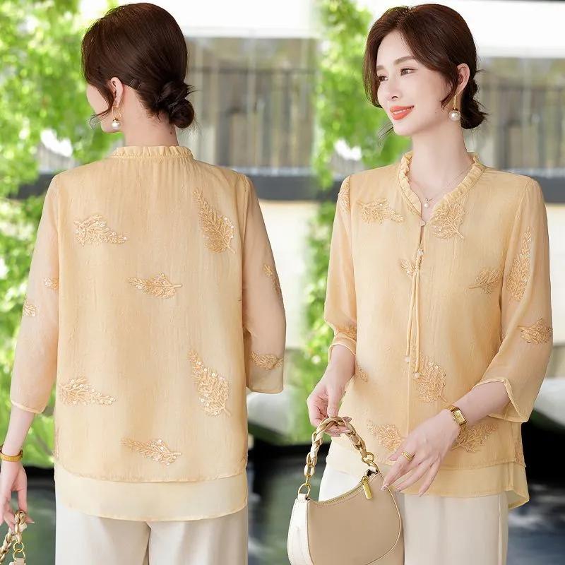 Blouse en mousseline bleu clair pour femme Élégante Brodé Col en V Manches courtes Décontracté Bureau Top
