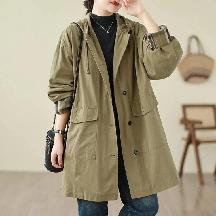 Korean Vintage Hooded Coat for Women Autumn Casual Loose Single Breasted Long Sleeves Solid Color Pocket Coat Johnature