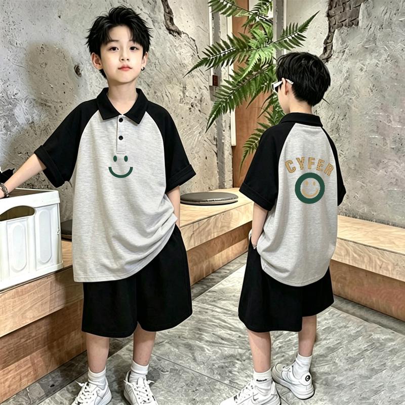 Boys' Korean Style Collared Short Sleeve T-Shirt Set - Summer Casual Printed Patchwork POLO Shirt for Ages 6-15.