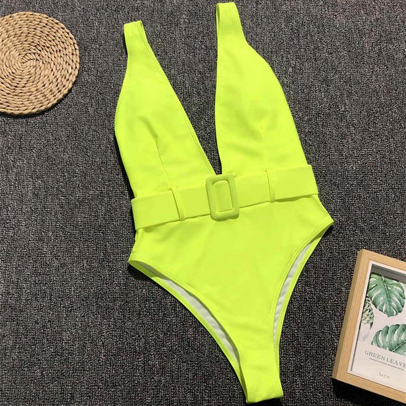 Women One Piece Swimsuit Deep V Neck High Waist Monokini Bathing Suits with Belt Buckle