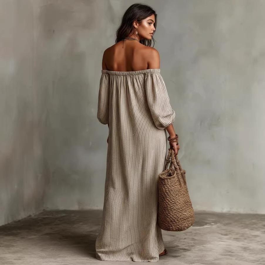 European and American summer new elegant casual loose one-word collar striped dress