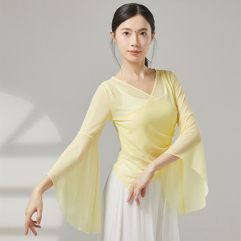 Klassieke Dans Gaas Dames Wijde Mouw Shirt Training Optreden Wedstrijd Kostuum Wapperende Chinese Volksdans Kleding Hanfu