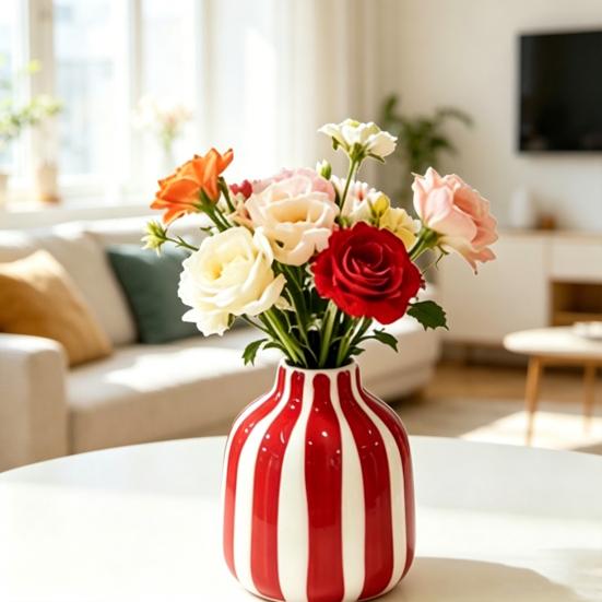 Ceramic Striped Vase Hand-Painted Modern Nordic Boho Vase Small Decorative Flower Container for Side Table Kitchen Indoor Room Centerpiece