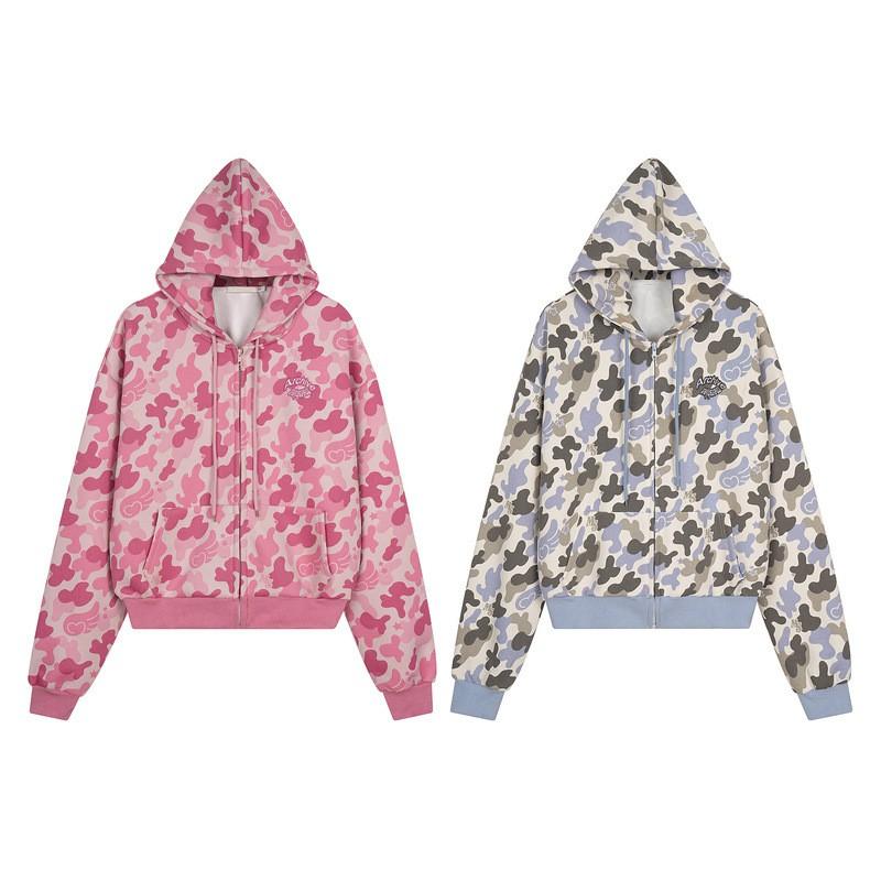 2026 Unisex Oversized Hooded Zip-Up Sweatshirt Camo Print Streetwear Casual Jacket