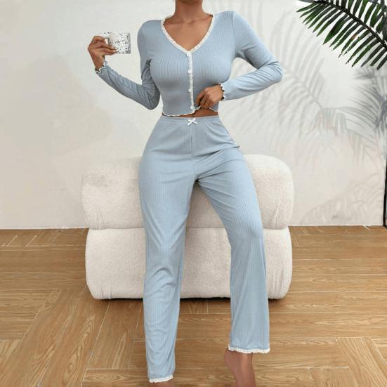2 Stück/Set Frühling Damen Oberteil Hosenanzug Langarm V-Ausschnitt Spitze Raffung Besatz Cropped Top Elastische Taille Hose
