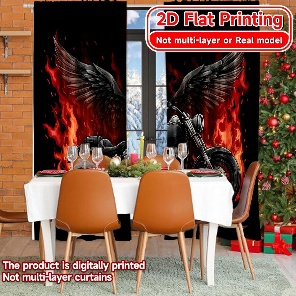 2D FLAT PRINTING 2pcs Curtains (Without Rod) Flames and Wings Motorcycle Design April Fools Is Day Holiday Curtains with Digital