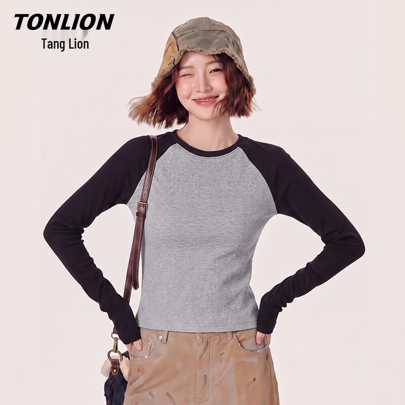 TonLion Damen Slim-Fit Color-Block Langarm-T-Shirt