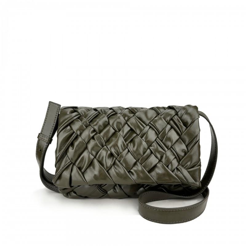 Womens Woven Oil Wax Leather Crossbody Bag With Ruched Detail Medium Square Shape Genuine Cowhide Interior
