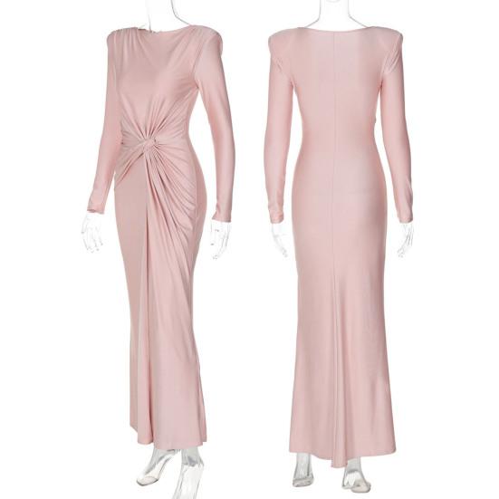 Women Evening Dress Pleated Knot Decor Slim Fit Round Neck Back Zipper Closure Full Length Wedding Party Prom Maxi Dress
